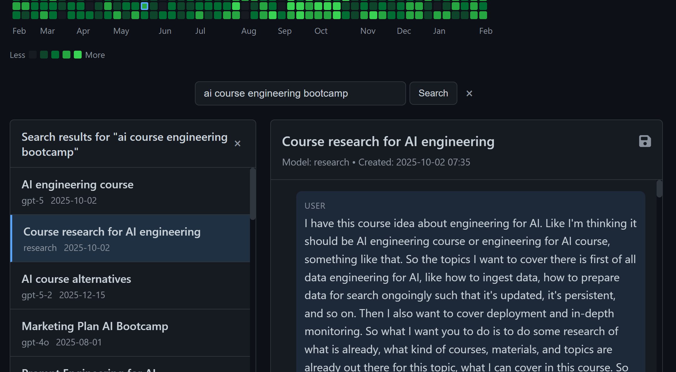 Search results showing course research conversations