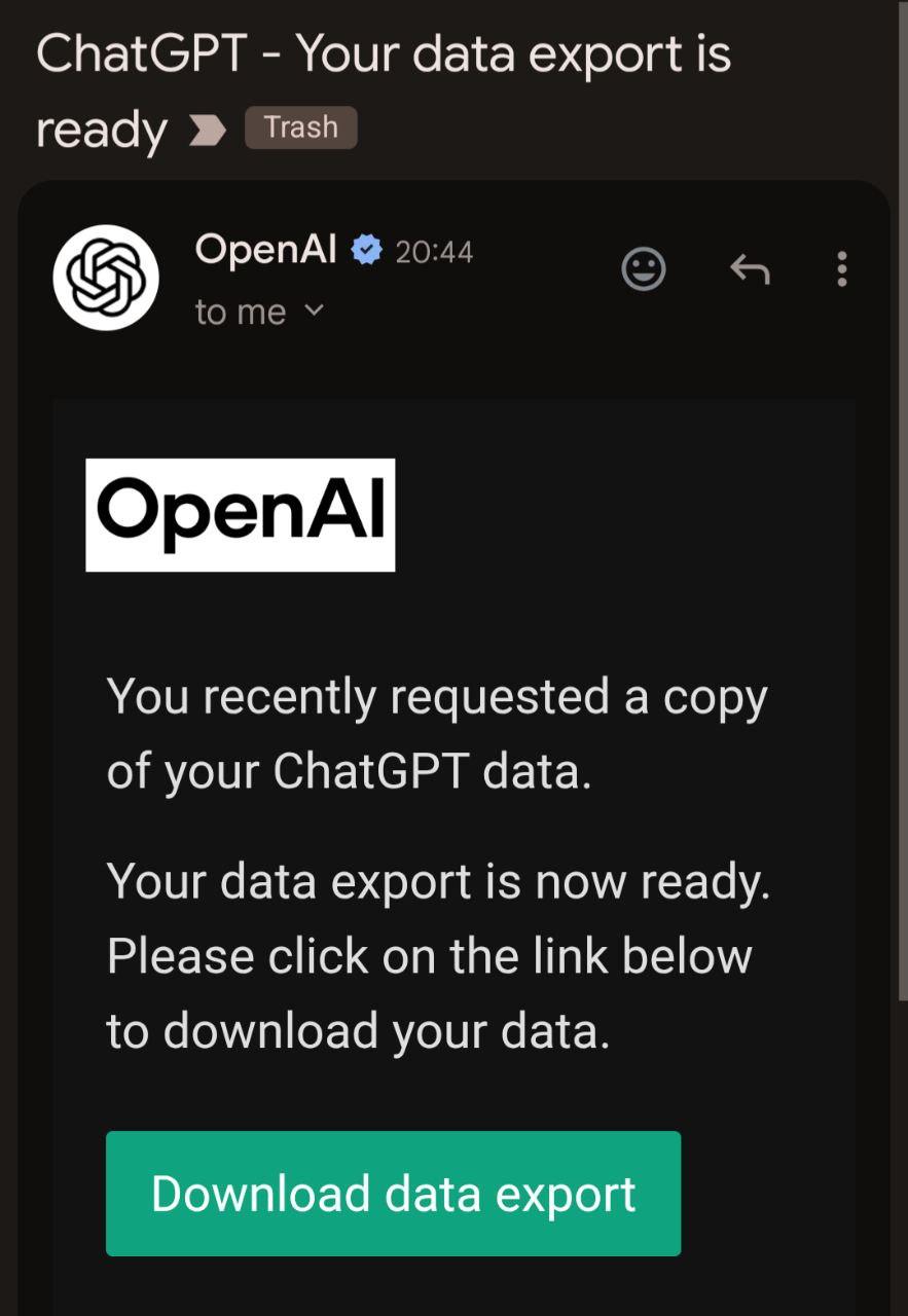 Email notification from OpenAI about data export being ready