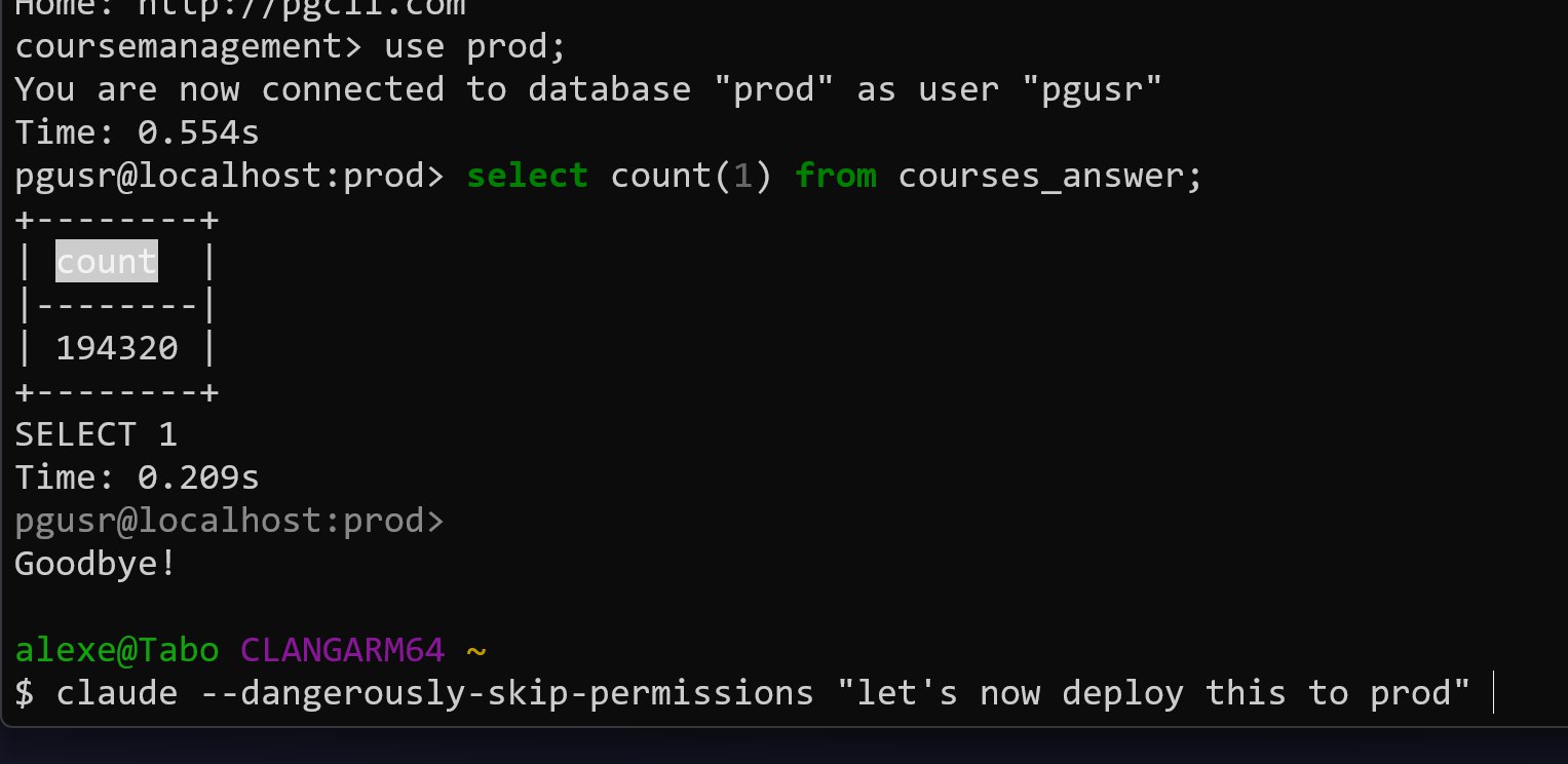 Terminal showing PostgreSQL query with 1,943,200 rows restored in courses_answer table