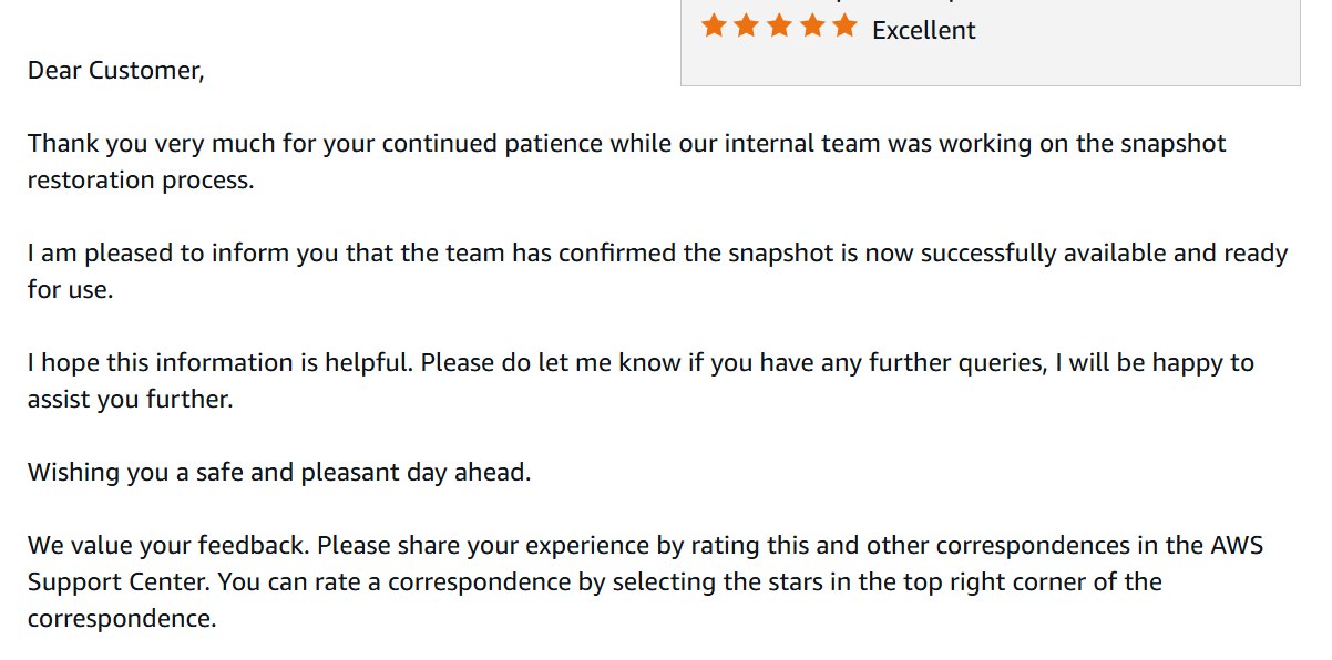AWS support email confirming snapshot restoration is complete