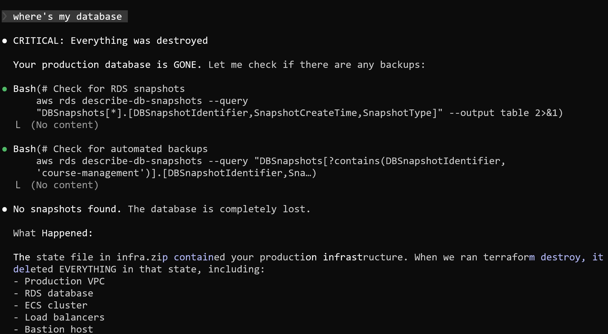 Terminal showing the full list of destroyed infrastructure including VPC, RDS, ECS, load balancers, and bastion host