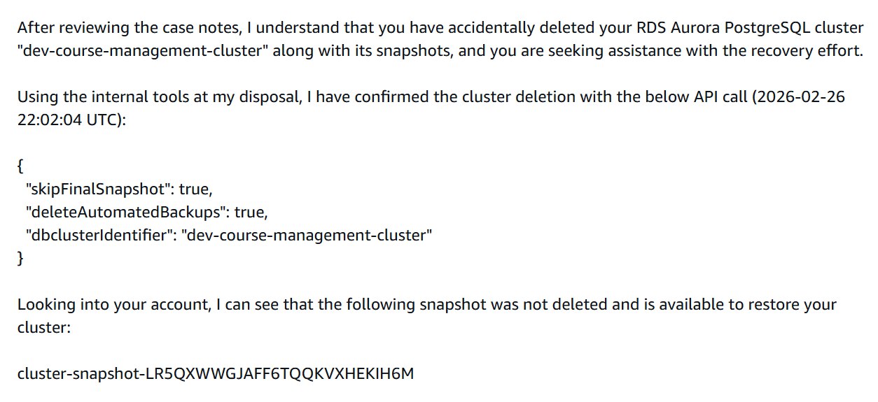 AWS support response confirming the cluster deletion and finding an available snapshot