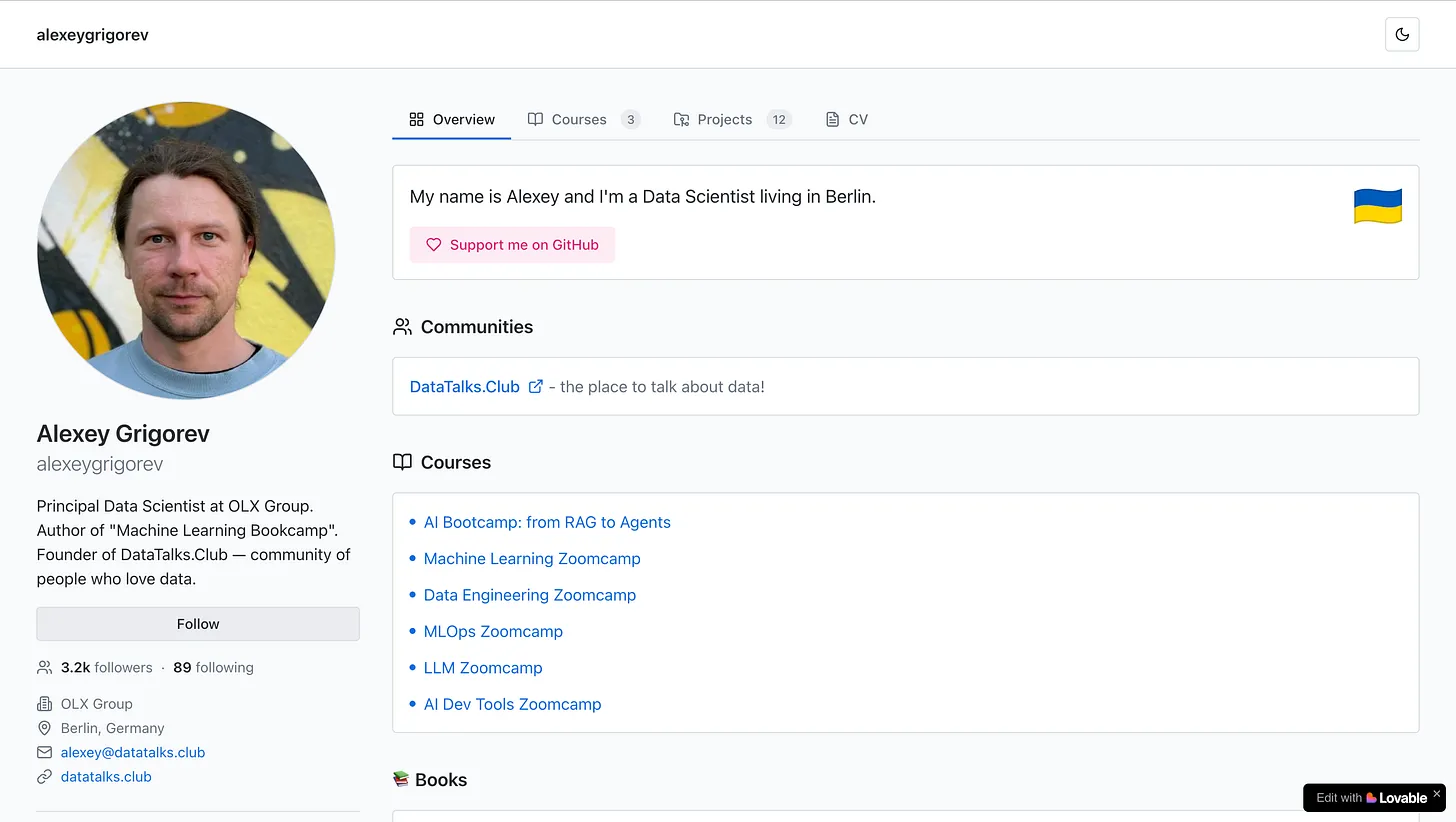 Lovable AI-generated GitHub-style personal website with dark mode interface showing overview, courses, projects, and CV sections