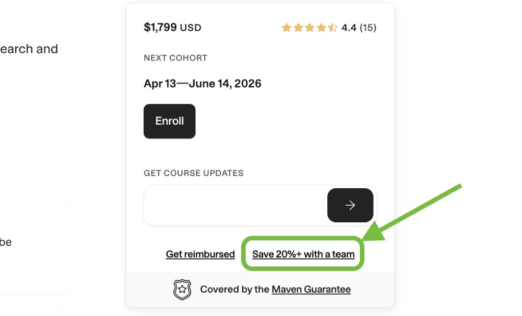 Course page showing price, Enroll button, Get reimbursed, Save 20%+ with a team, and Maven Guarantee