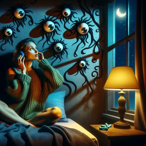 AI-generated illustration in flat linear style with bold outlines showing whimsical horror scene