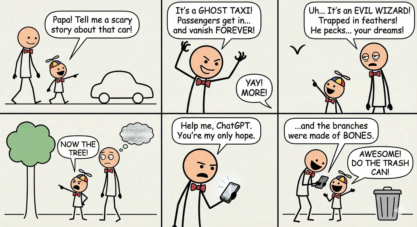 AI-generated comic illustration of the horror story created with my son