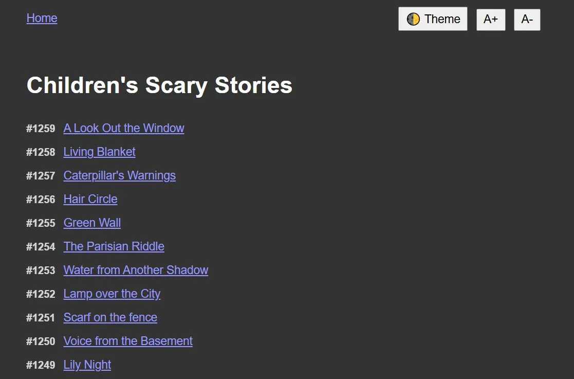 Kids Horror Stories project website homepage showing story listings