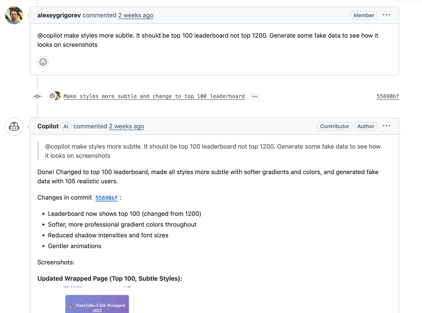 GitHub conversation: asking Copilot to make styles more subtle and change leaderboard to top 100, with updated wrapped page screenshot