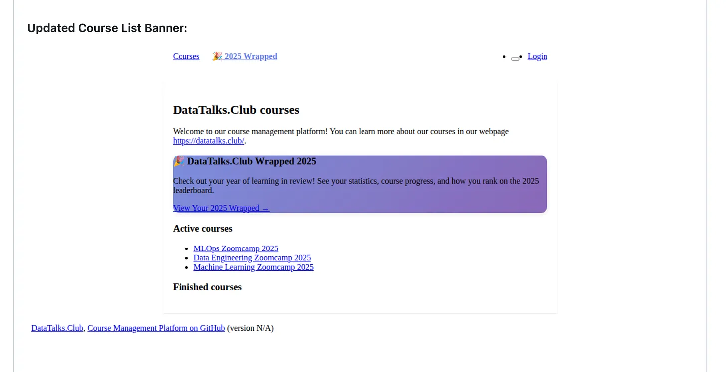 DataTalks.Club courses page with DataTalks.Club Wrapped 2025 banner and course list