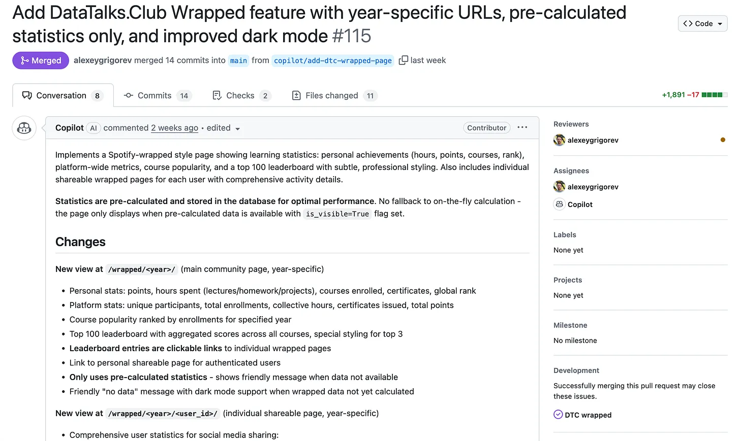 GitHub pull request: Add DataTalks.Club Wrapped feature with year-specific URLs and pre-calculated statistics, merged