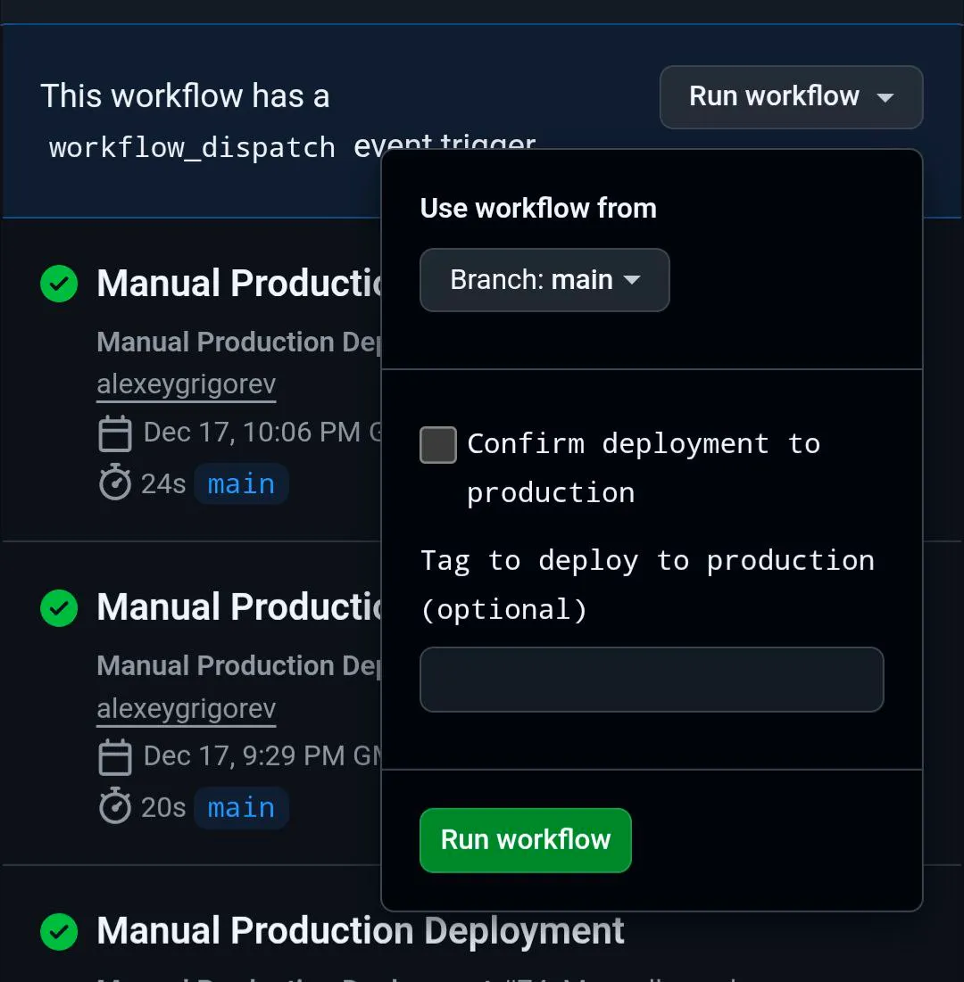 GitHub Actions workflow: Manual Production Deployment run workflow from main branch with optional tag