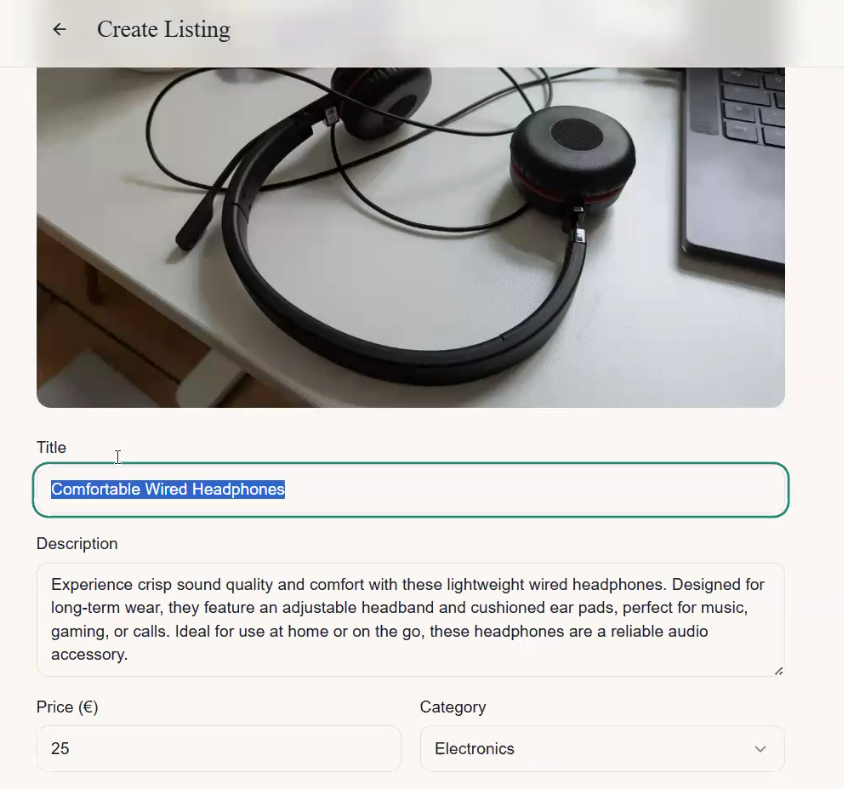 Create Listing form with AI-prefilled fields after uploading a photo of headphones: title, description, price, and category