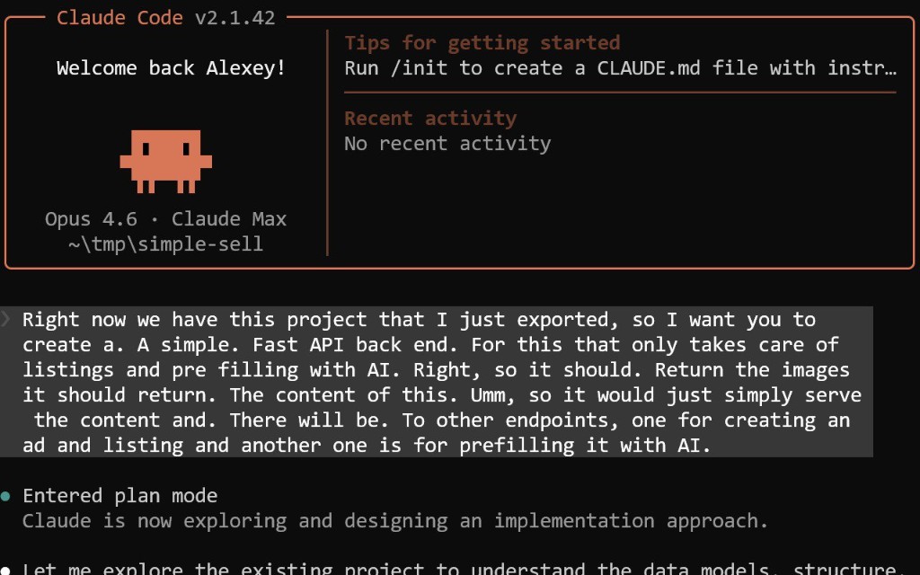 Claude Code interface showing the prompt to create a FastAPI backend for the marketplace