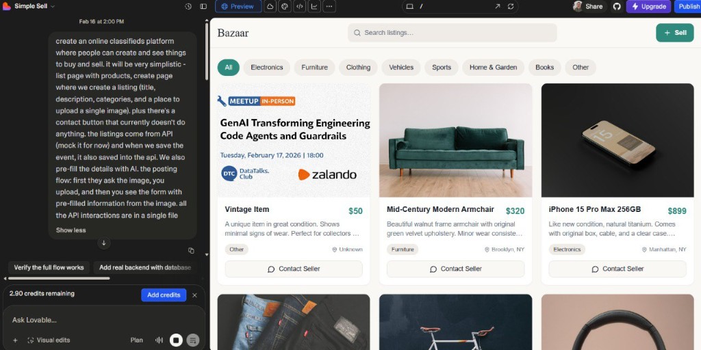 Lovable creating the Bazaar marketplace with the prompt visible on the left and the marketplace preview on the right