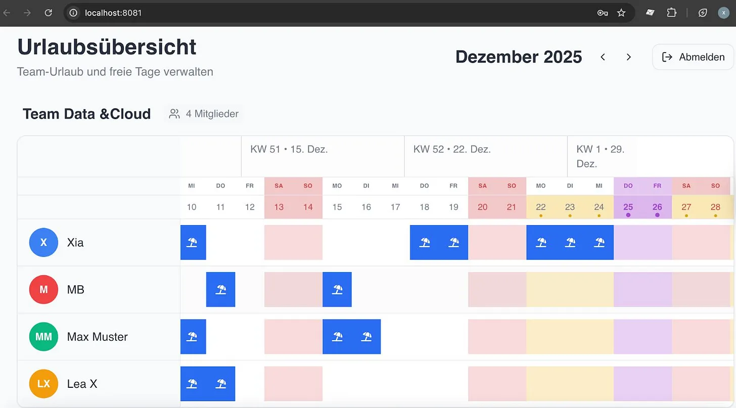 Xia's holiday planning app: Urlaubsübersicht (team holidays and free days)