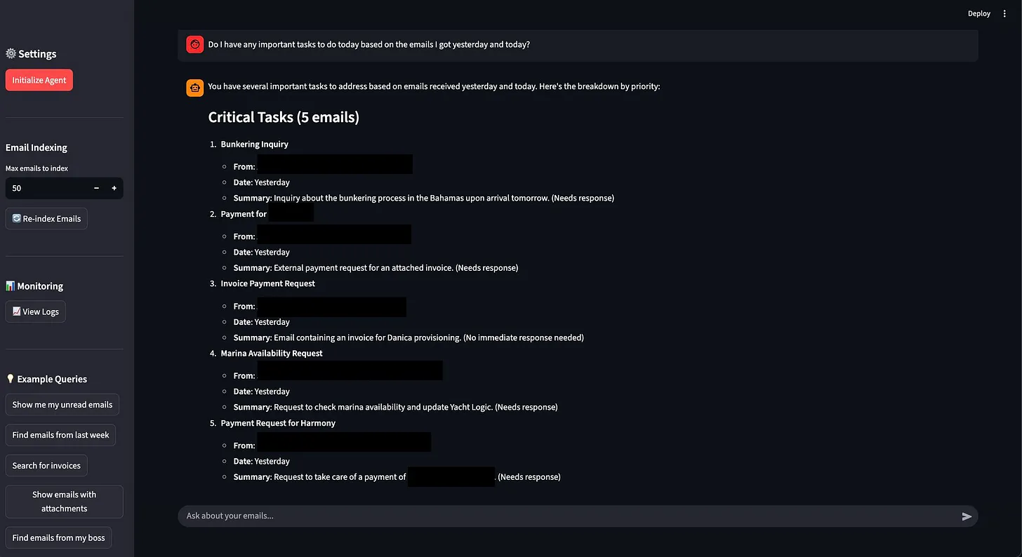 Asia's Streamlit interface to interact with her intelligent email agent